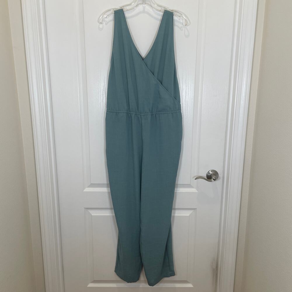 Betabrand Linen‎ Blend Jumpsuit Muted Blue Seafoam Cross V-Neckline S